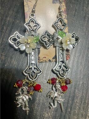 Gothic Cross Earrings with Dragon & Dagger Charms
